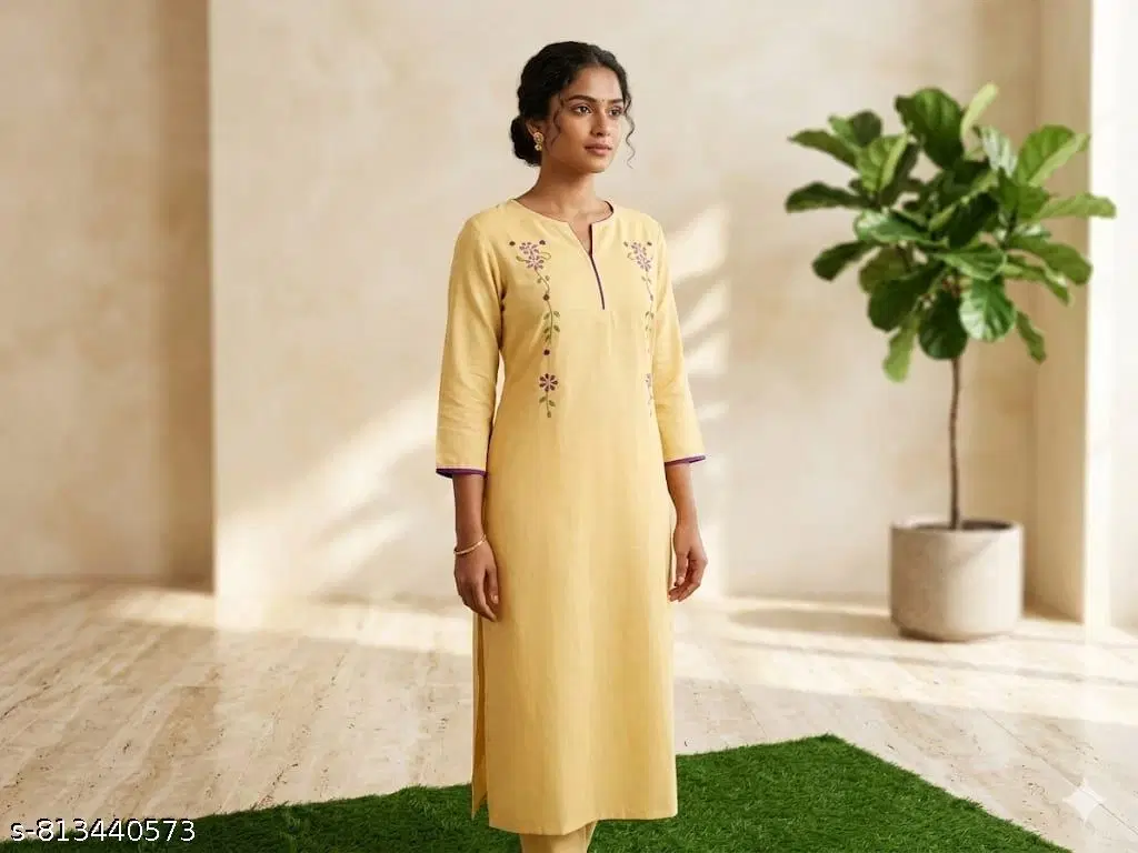 Woman wearing a yellow embroidered straight kurta with three-quarter sleeves and floral detailing