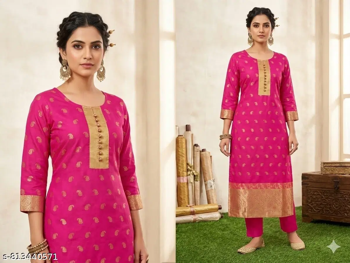 Women's bright pink ethnic kurta with gold motifs, gold placket and border, shown front and full length