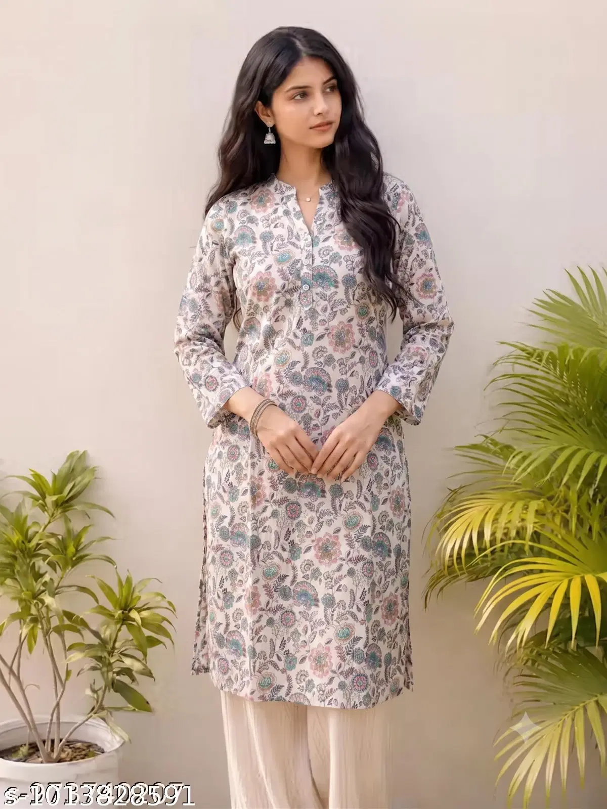 Woman wearing a cream floral printed straight kurta with three-quarter sleeves and light palazzo pants