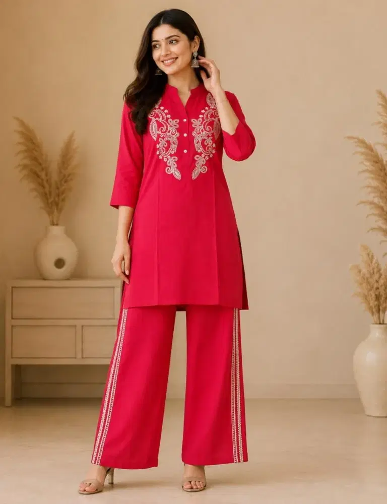Woman wearing a pink embroidered kurta with matching palazzo pants and three-quarter sleeves