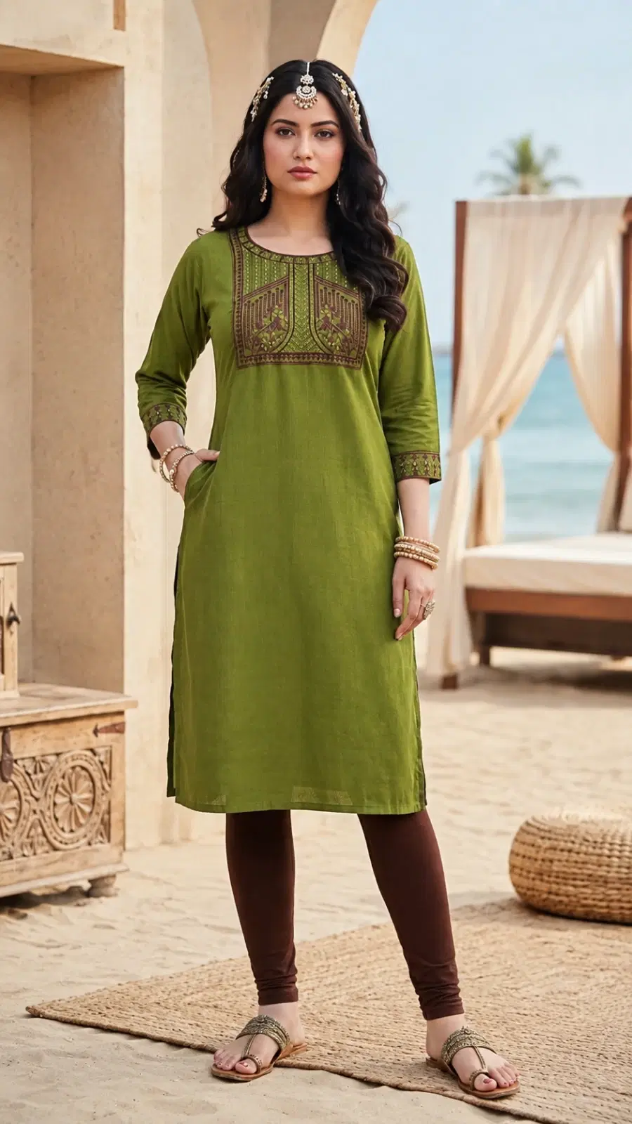 Woman wearing an olive green embroidered straight kurta with brown leggings and embellished flats