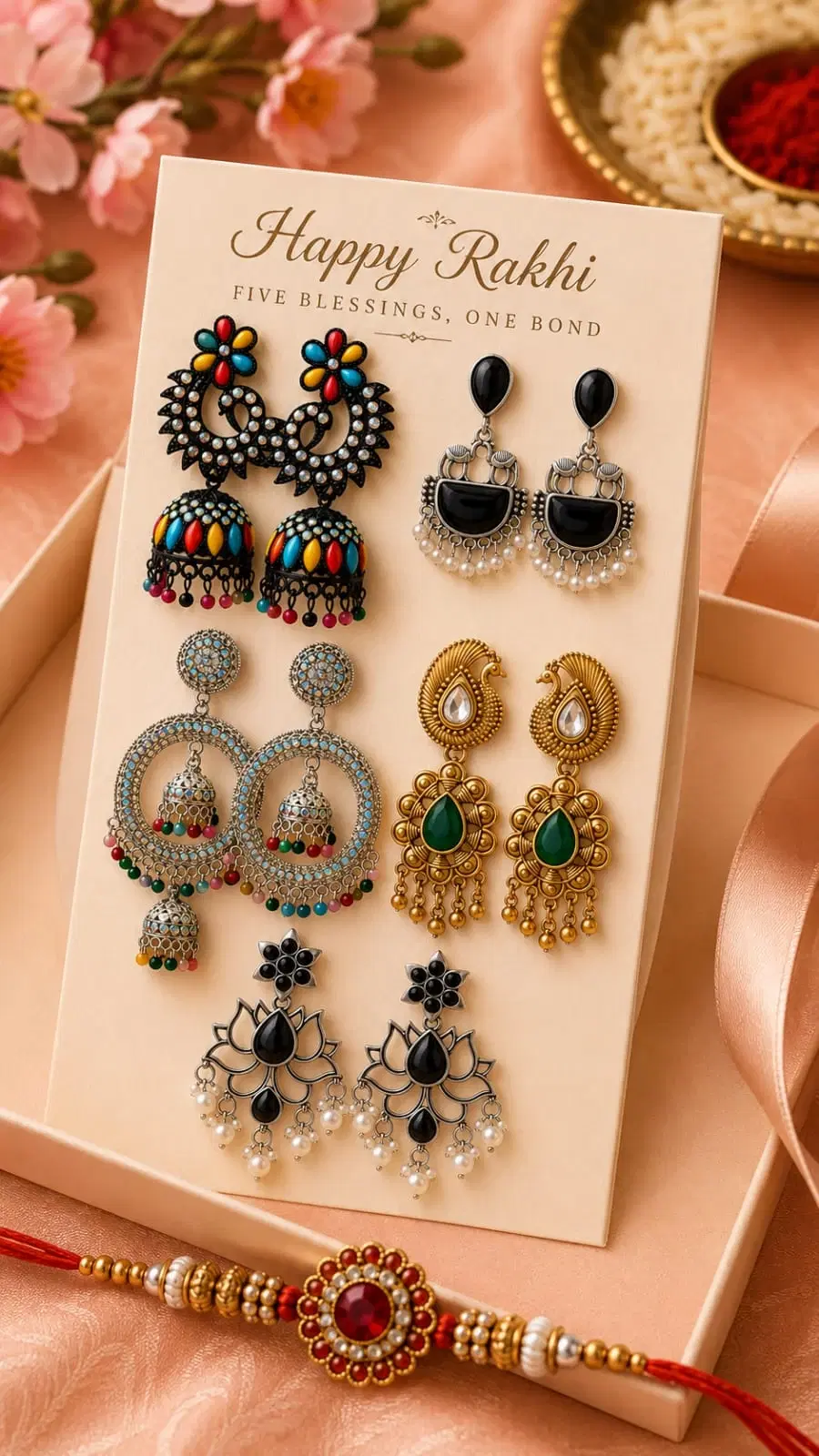 Rakhi-themed card displaying five pairs of festive statement earrings with a decorative rakhi in front