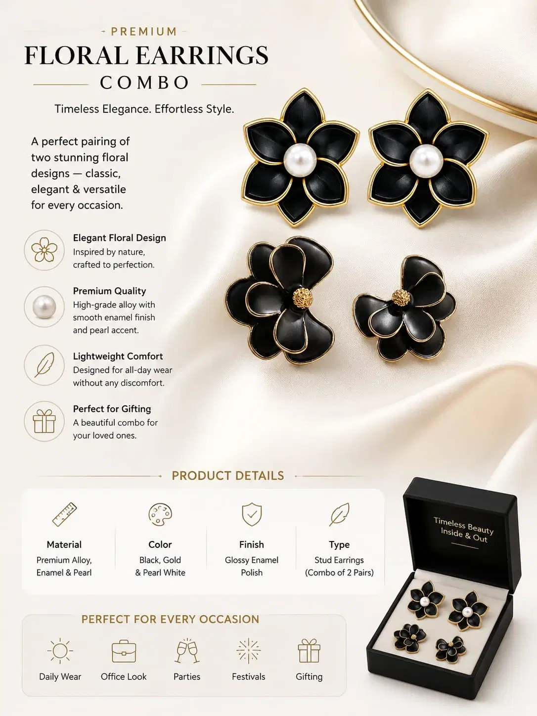 Set of 2 pairs of black floral stud earrings with gold trim and pearl centers in a gift box