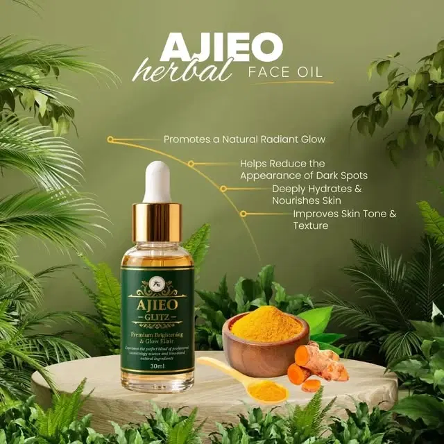 Ajieo Glitz herbal face oil bottle with dropper beside turmeric and leaves on a green botanical background