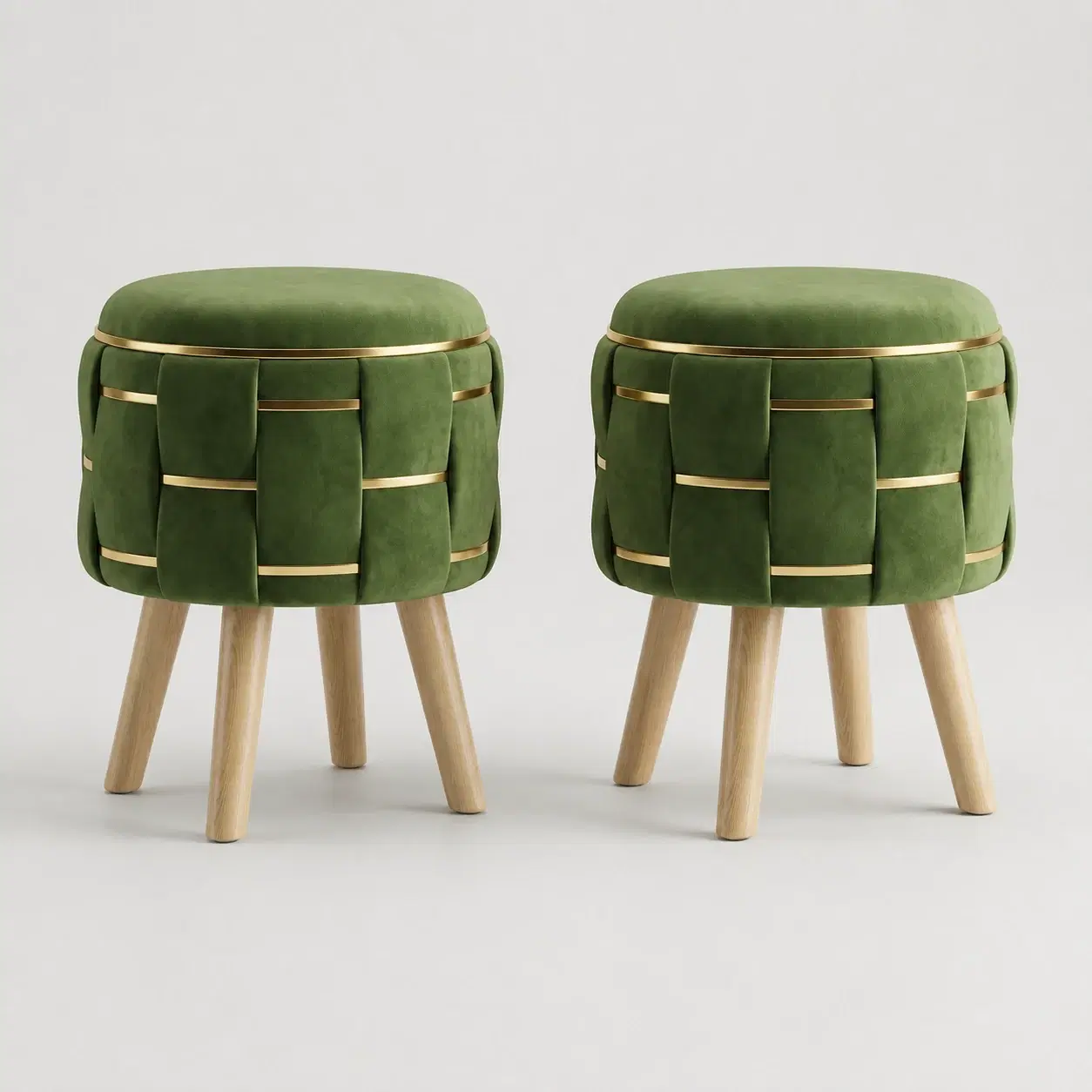 Green Velvet Round Ottoman Stool Set with Wooden Legs set of 2
