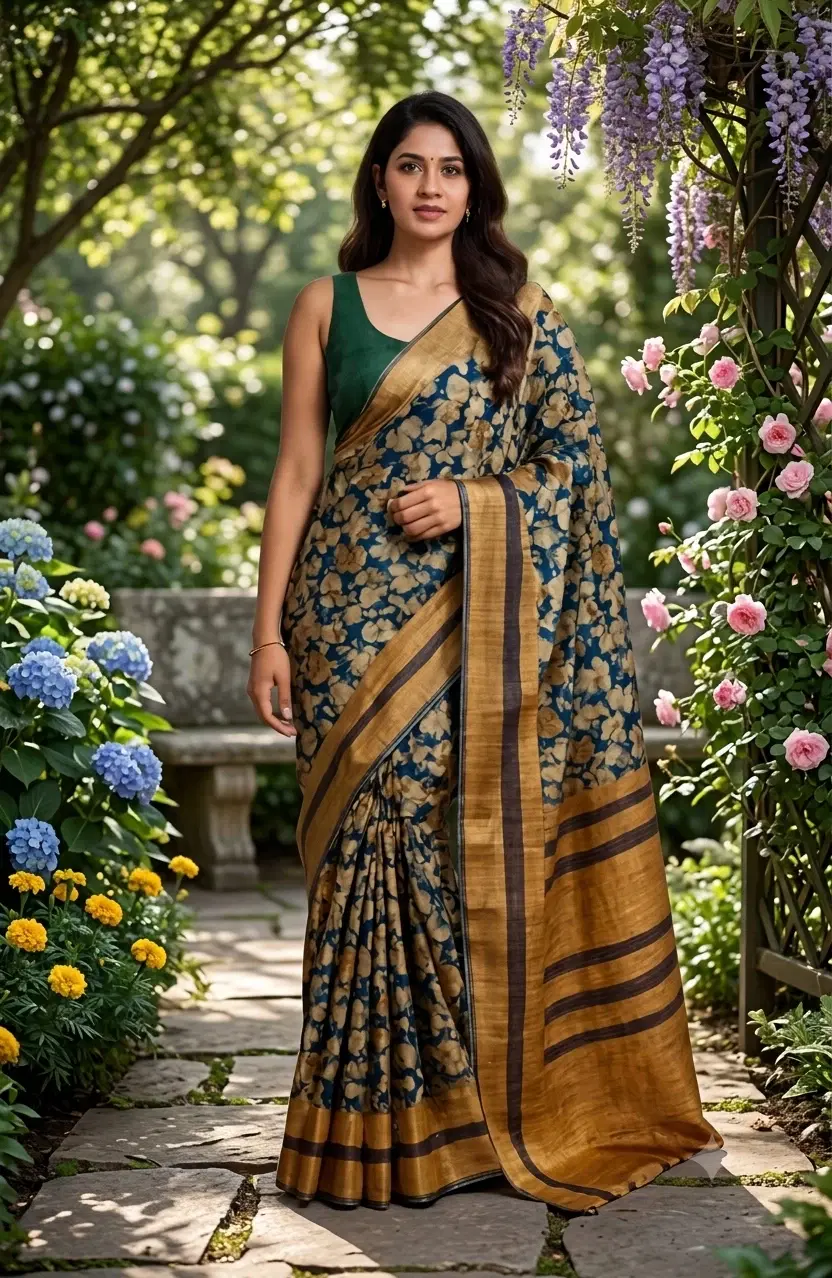 Women's Yellow and Green Floral Tussar Silk Saree