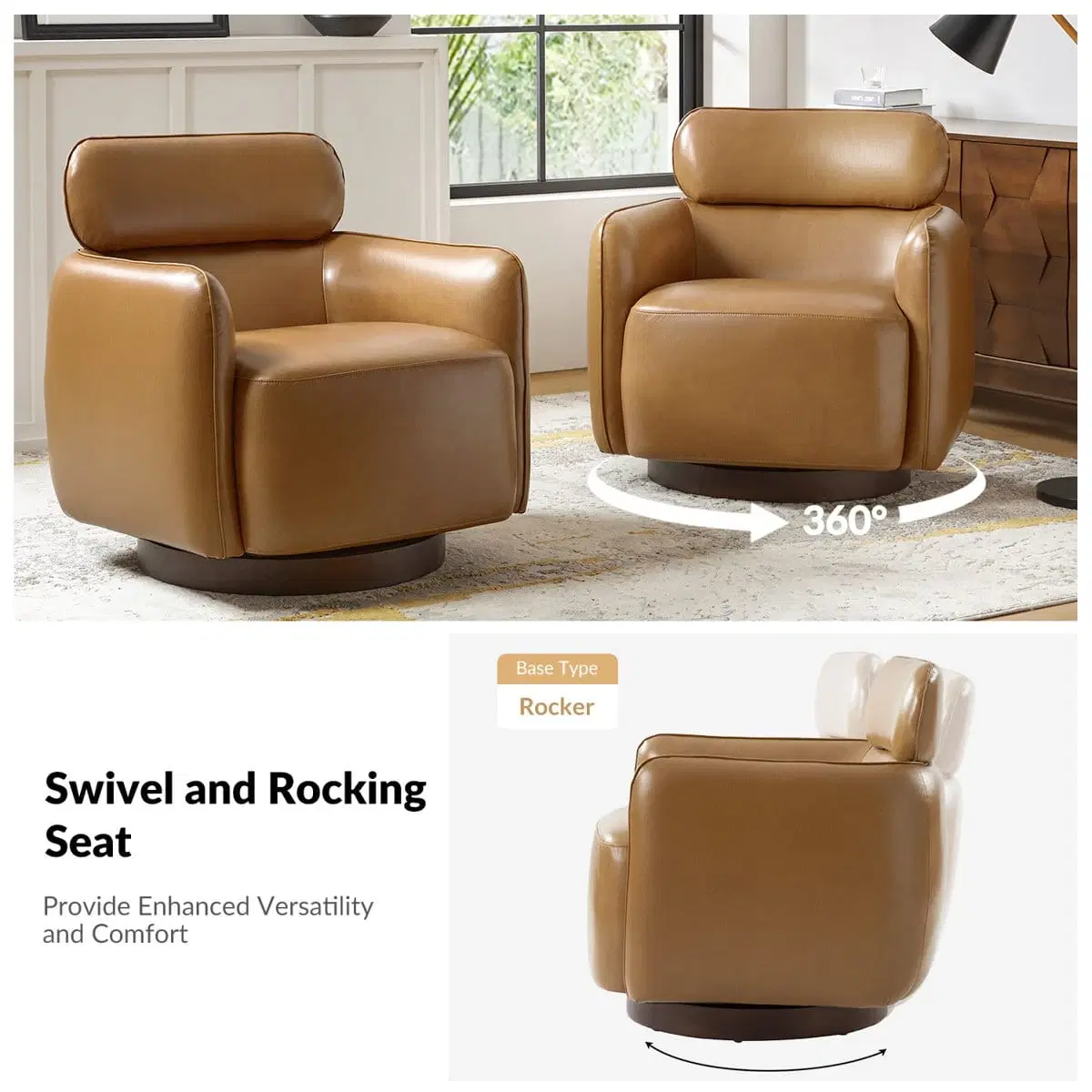 Tan faux leather accent chair shown with 360° swivel and rocking base infographic