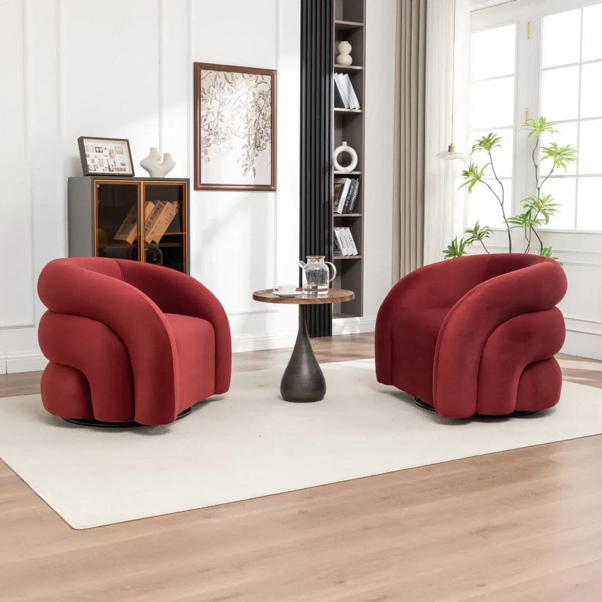 Front three-quarter view of red barrel accent chair with sculpted padded sides on a swivel base