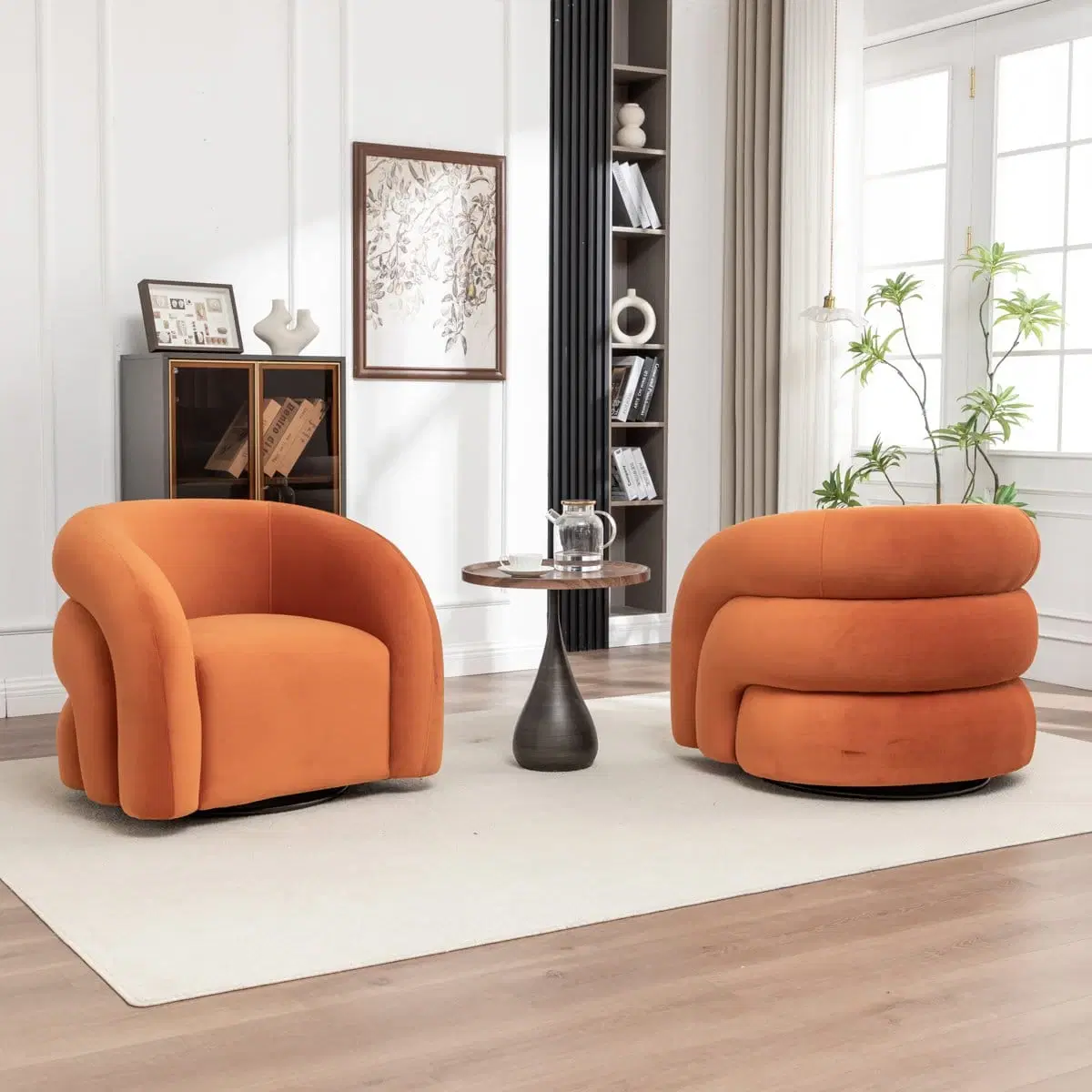 Orange upholstered accent chair shown front and back around a small round side table in a living room