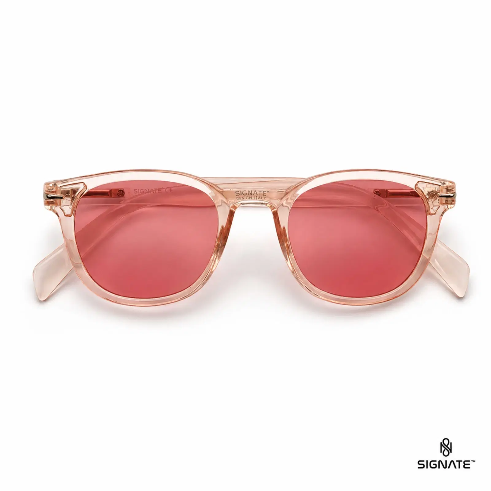 Front view of blush transparent Signate sunglasses with pink tinted round-square lenses