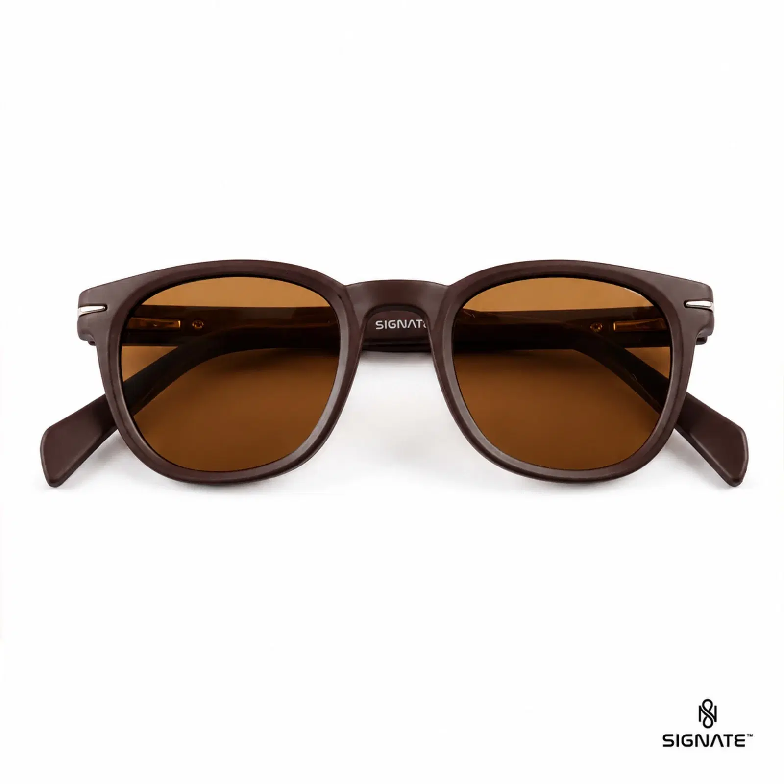 Brown Signate sunglasses shown front-on with matching leather case and brown tinted lenses