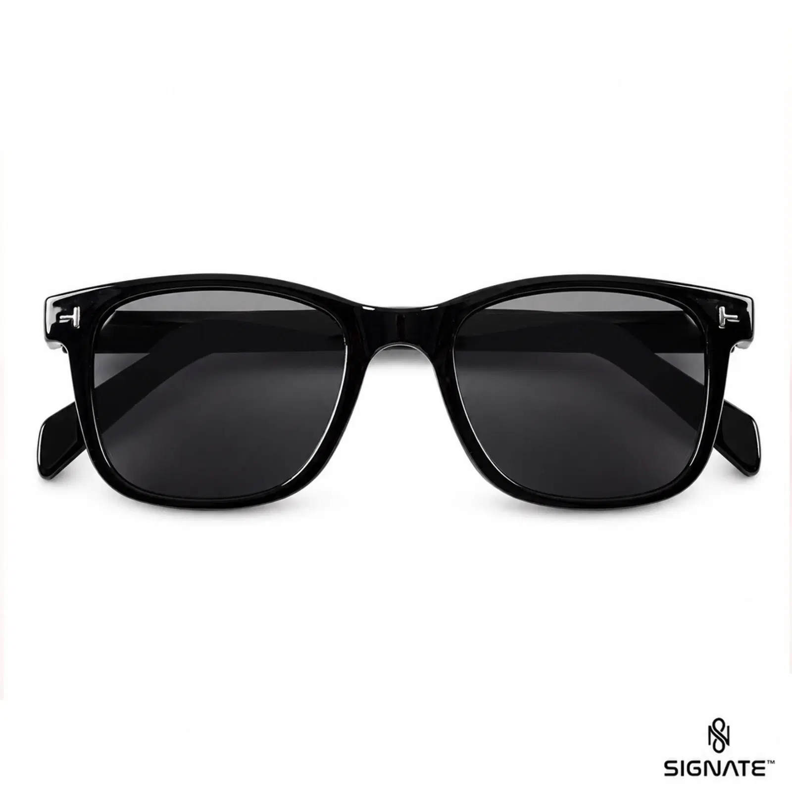 Front view of glossy black square sunglasses with dark lenses and metal temple accents
