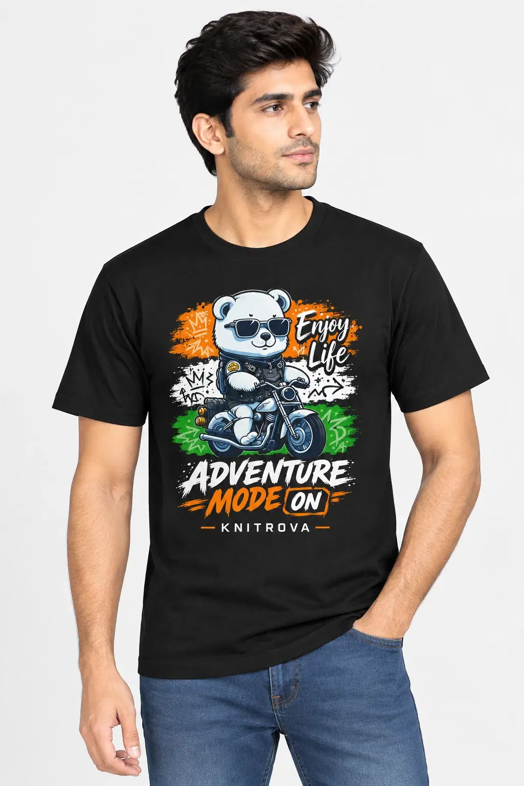 Men's black T-shirt worn by model, with biker bear graphic and 'Adventure Mode On' print on front