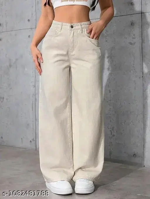 Front view of off-white wide-leg jeans with high-rise waist and full-length relaxed fit