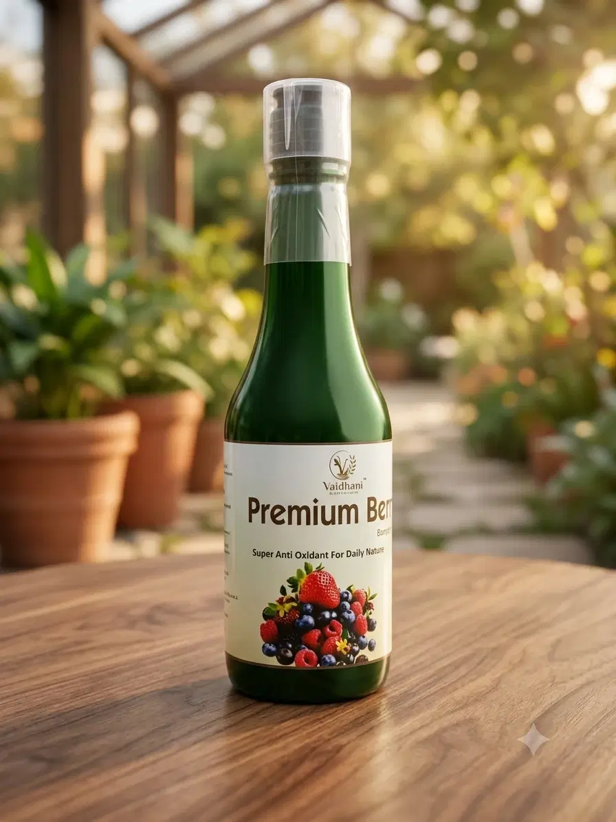 Premium Berry bottle with mixed berry label on a wooden table