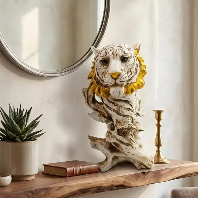 Tiger head sculpture with gold mane accents displayed on a wooden shelf beside a mirror and plant
