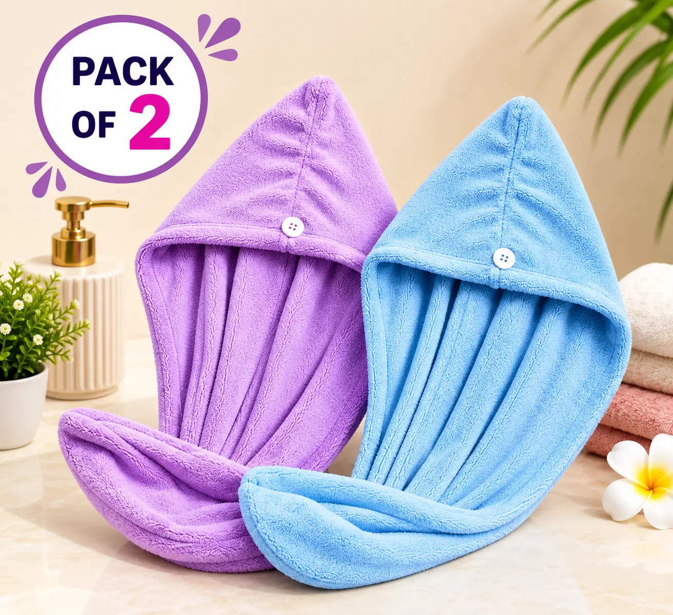 Pack of 2 microfiber hair wrap towel caps in purple and blue with button closures on a bathroom counter
