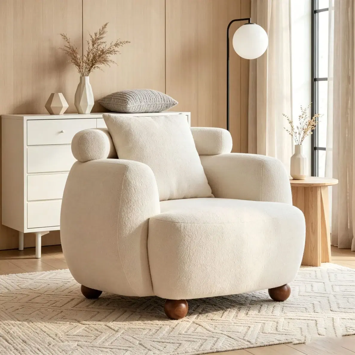 Front three-quarter view of cream boucle armchair with pillow back and rounded wooden feet
