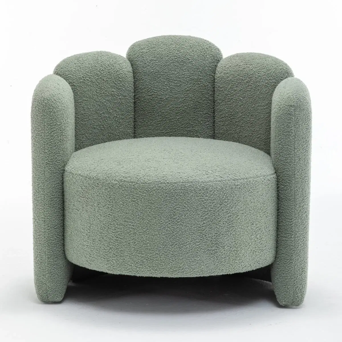 Front view of the chair with deep circular seat and tall rounded back panels