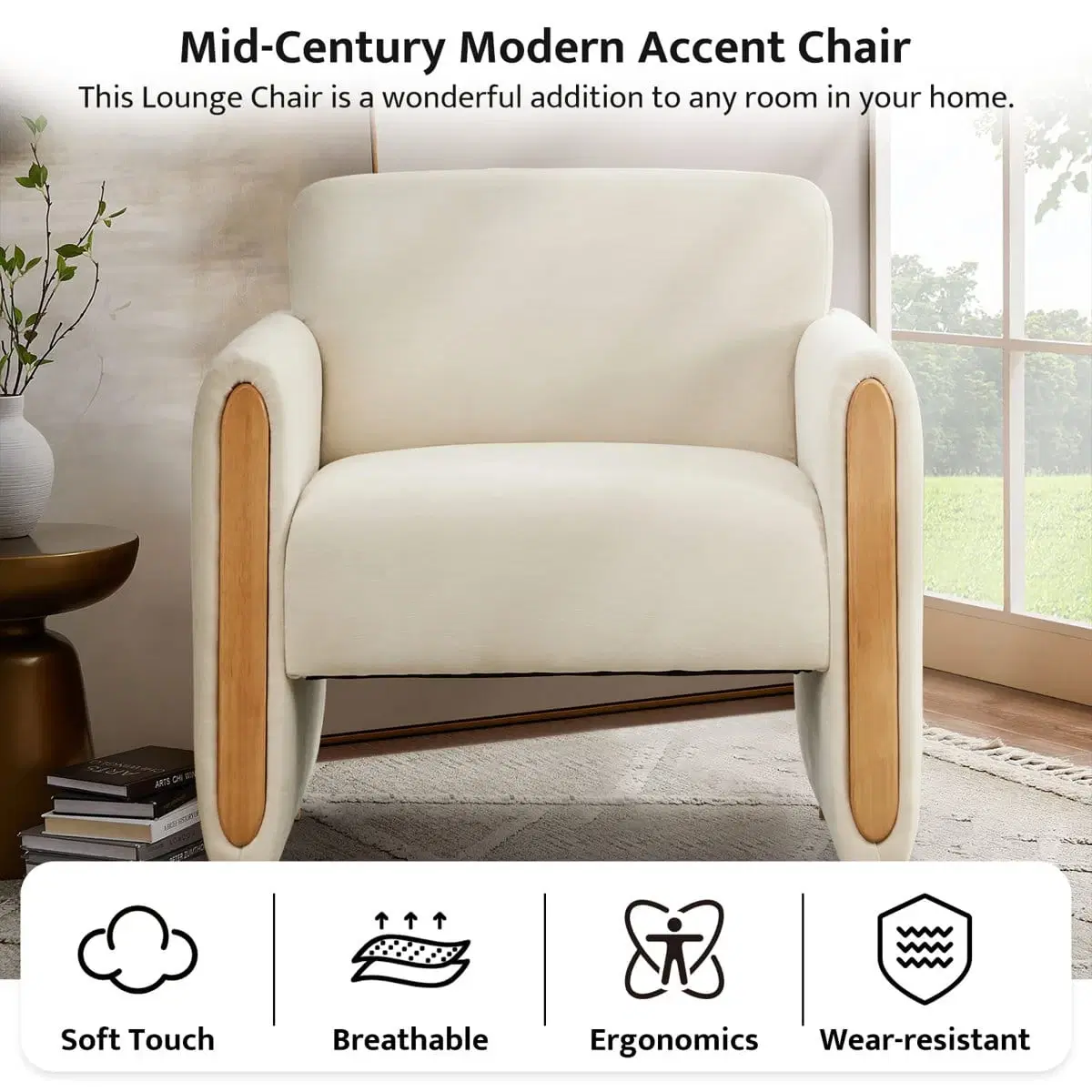 Front view of cream accent chair with rounded back and wood arm panels, shown in a living room setting