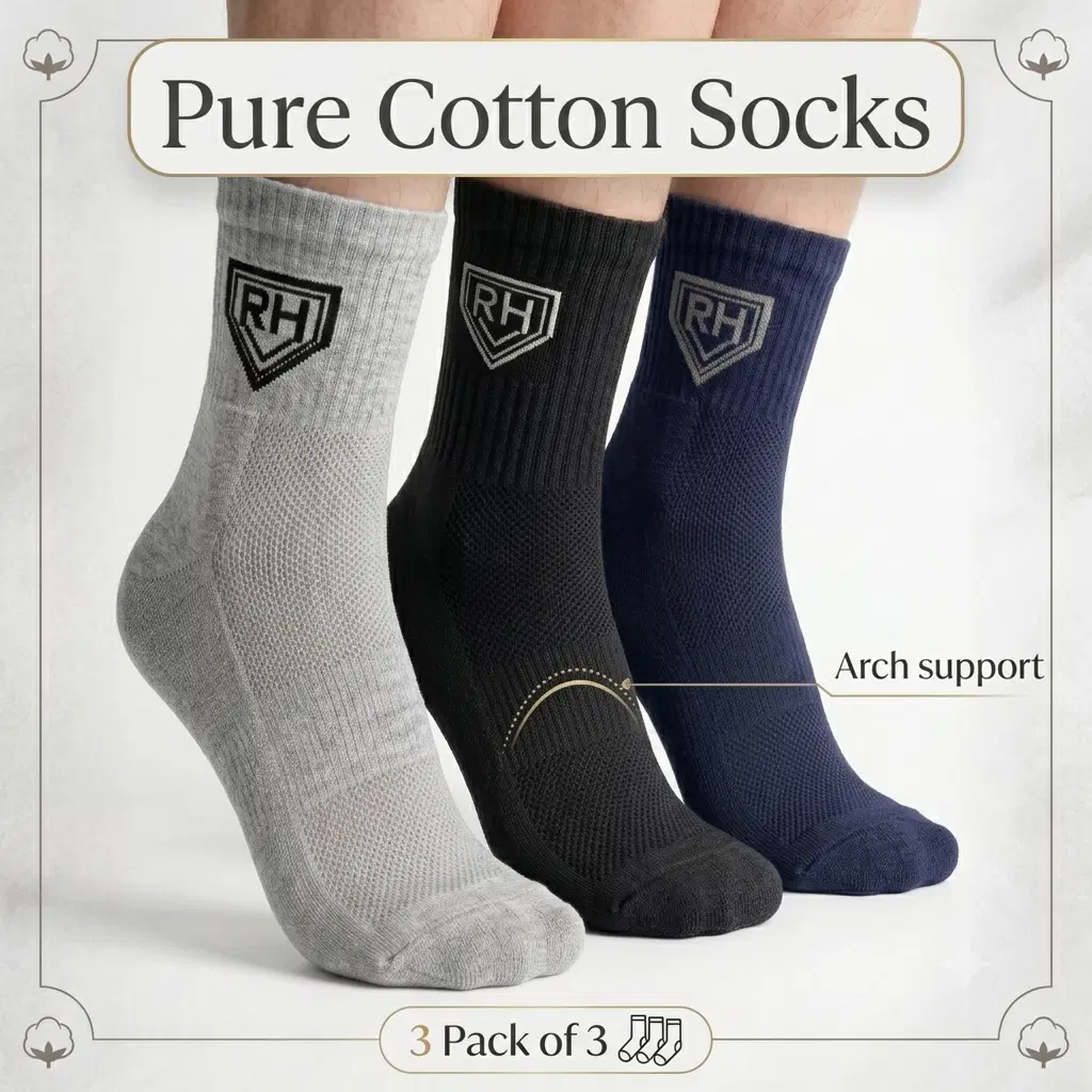 Three RH pure cotton crew socks in grey, black and navy shown worn, with arch support callout