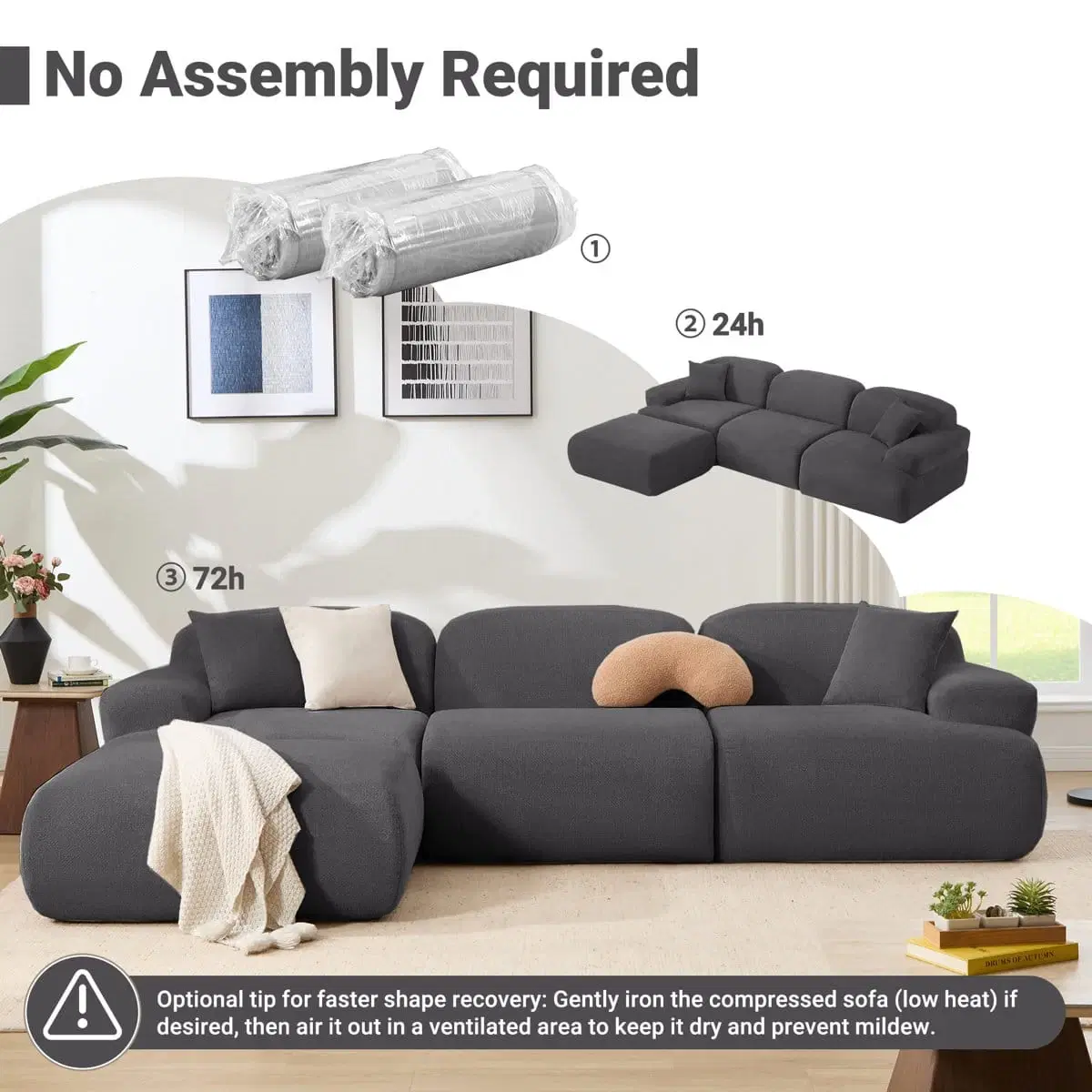 Dark grey modular sectional sofa with ottoman shown after unpacking and 72-hour shape recovery guide