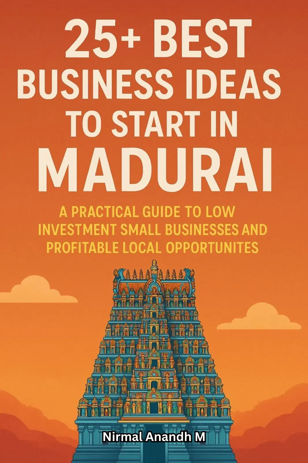 Orange book cover with Madurai temple illustration and title on low-investment business ideas