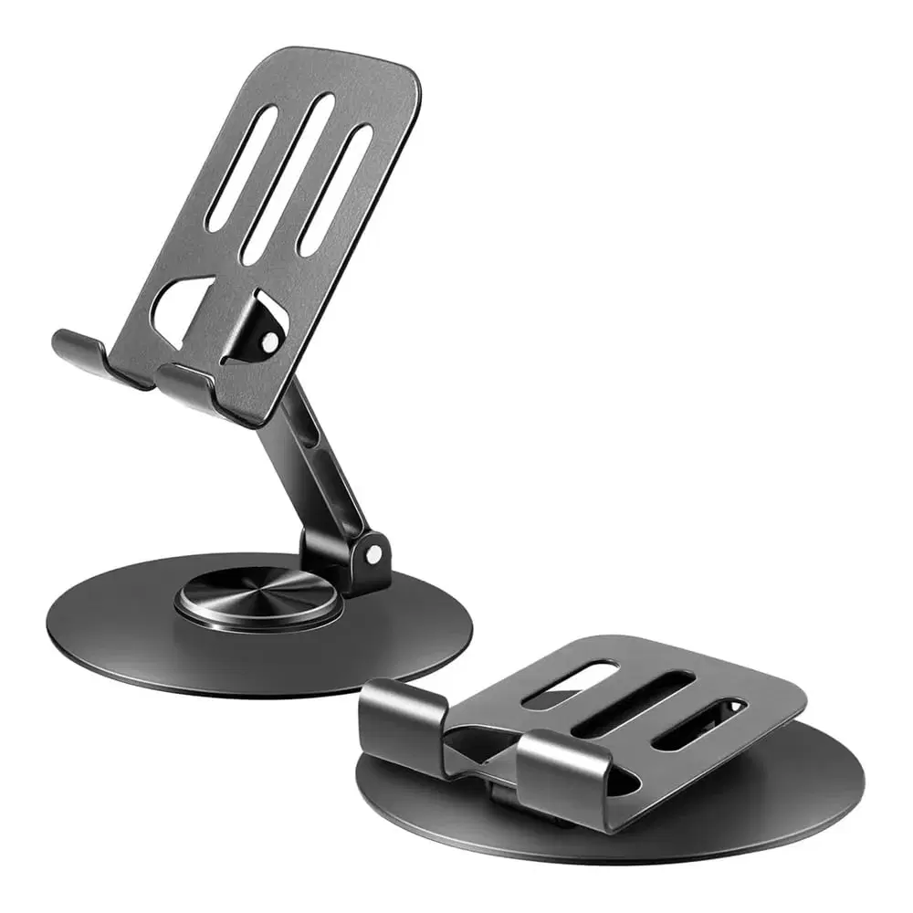 Black metal phone stand shown upright and folded flat, highlighting slotted backplate and round rotating base