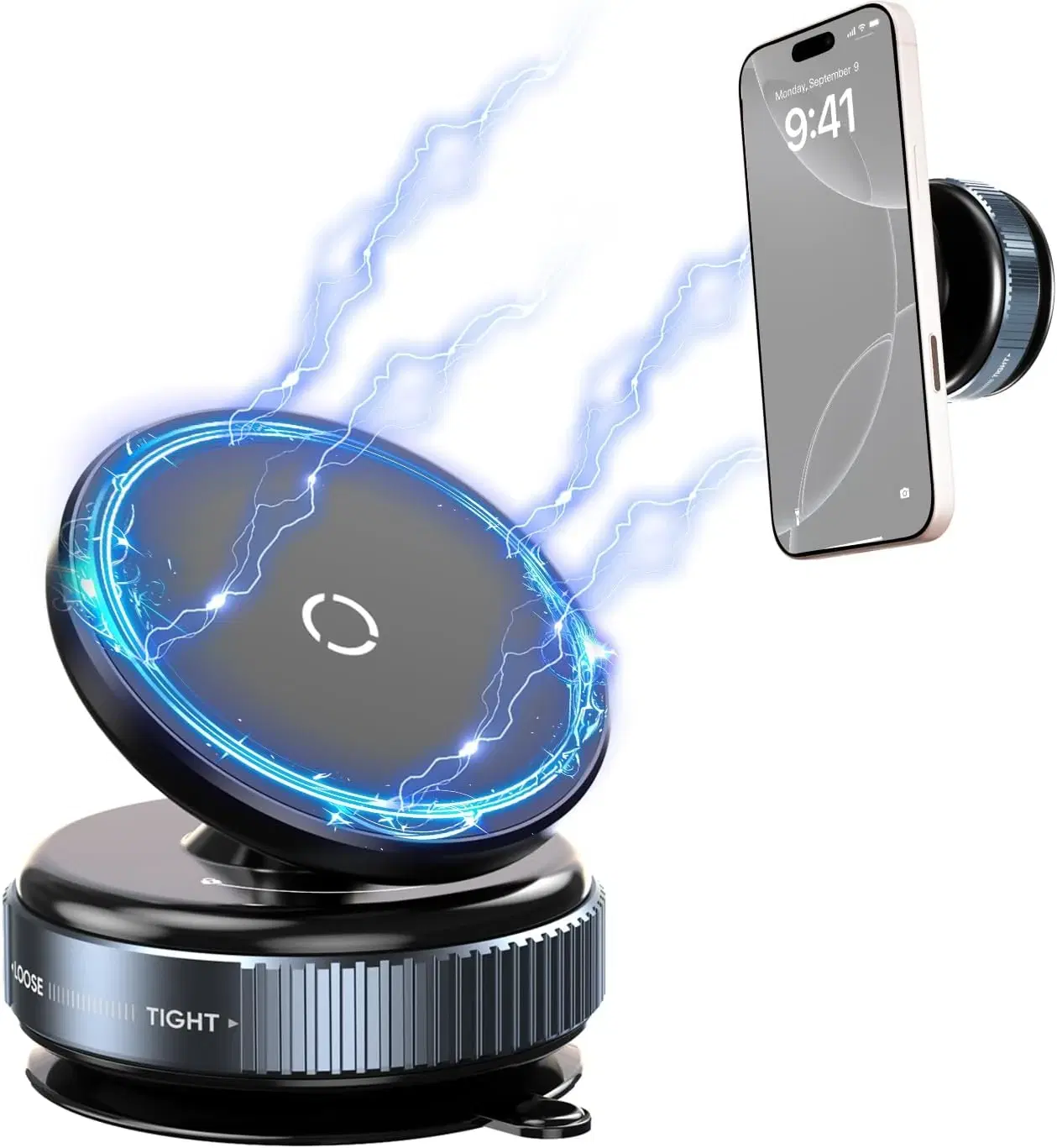 Black magnetic phone mount with twist-lock suction base and floating phone demo on white background