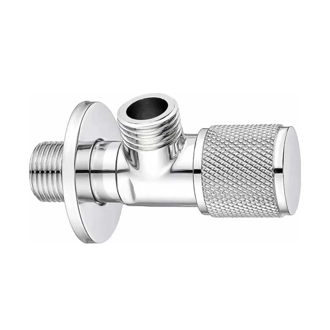 Chrome angle valve with wall flange, threaded inlet, top outlet, and knurled shutoff knob