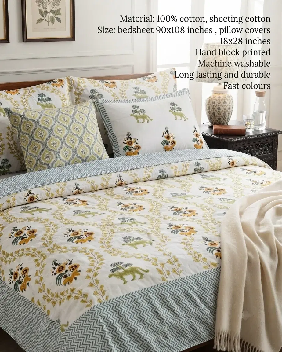 Green Leopard Hand Block Double Bedsheet