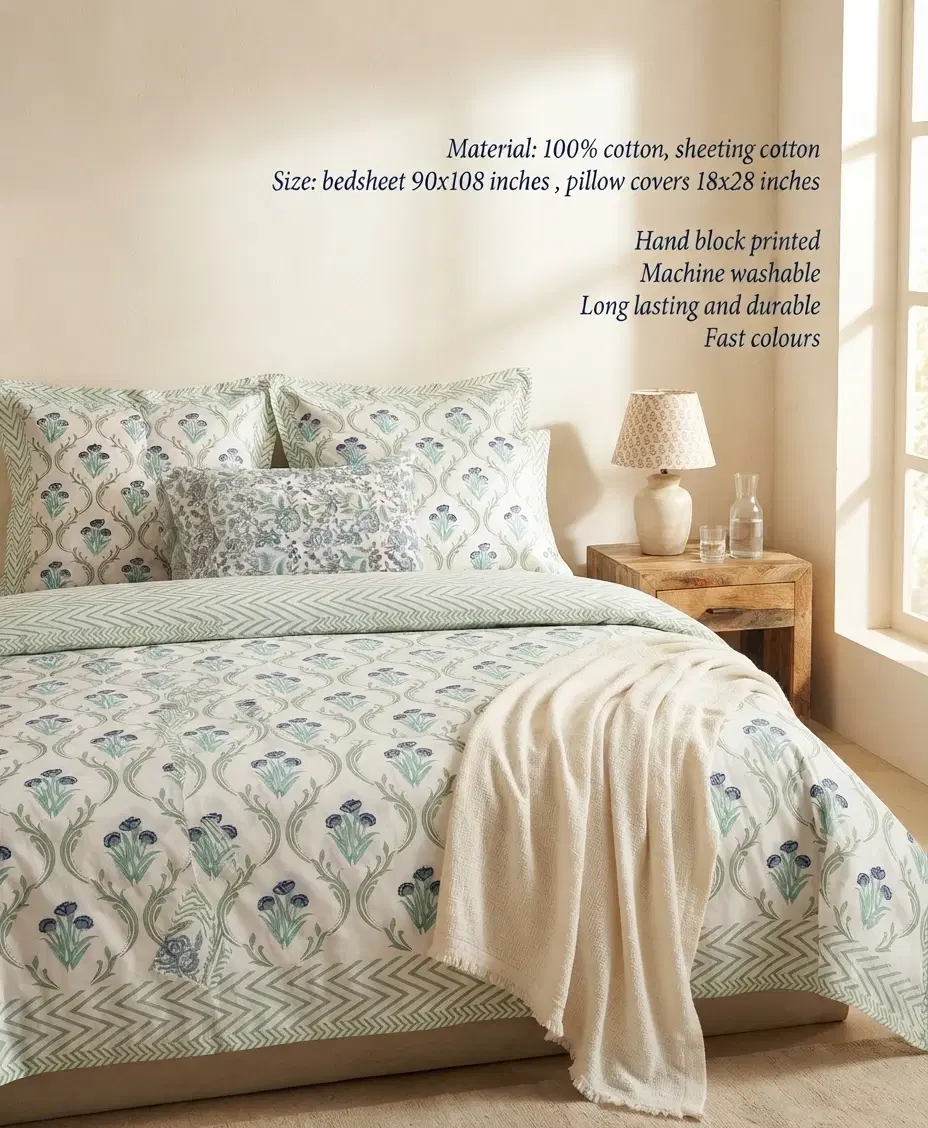 Bottle green triple flower hand block printed double bedsheet with 2 flap pillow covers