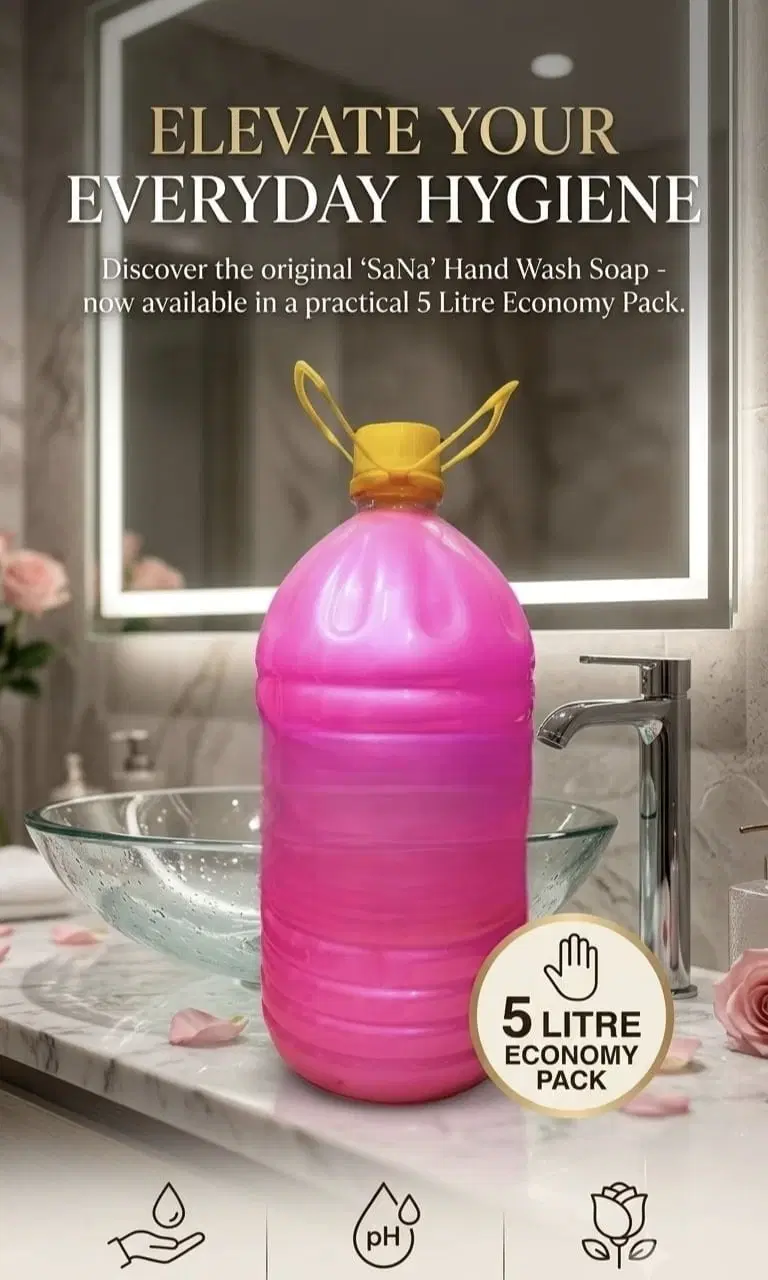 Pink 5 litre SaNa hand wash soap refill bottle with yellow cap displayed beside a bathroom sink