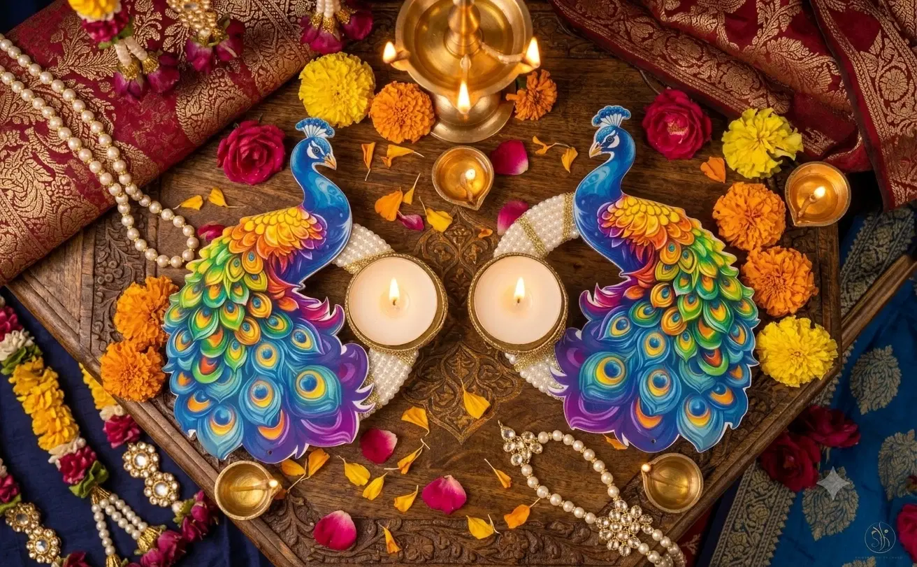 Top view of two colorful peacock tealight holders with pearls, lit candles, marigolds and festive decor