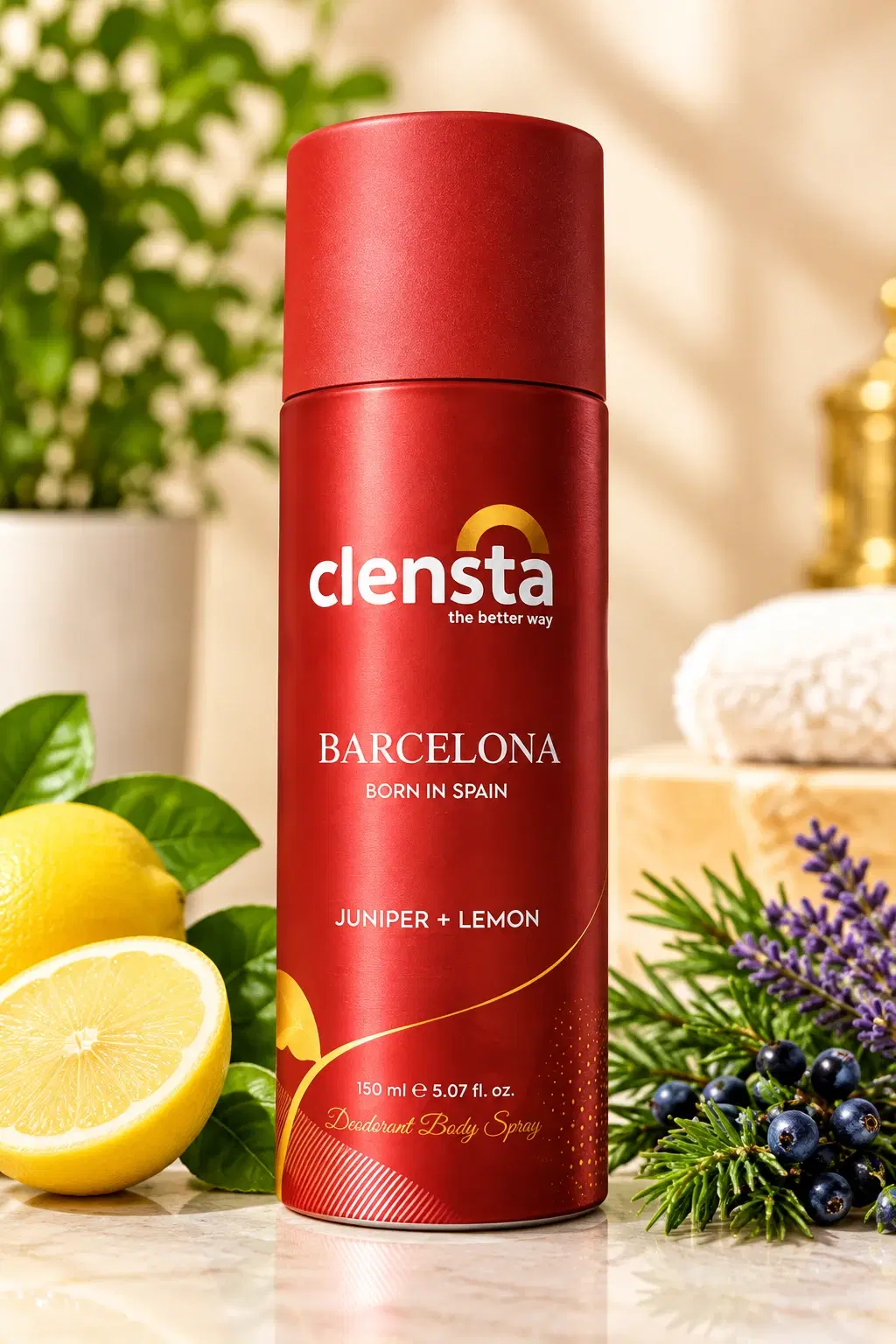 Front view of red Clensta Barcelona body spray can with juniper berries and sliced lemon props