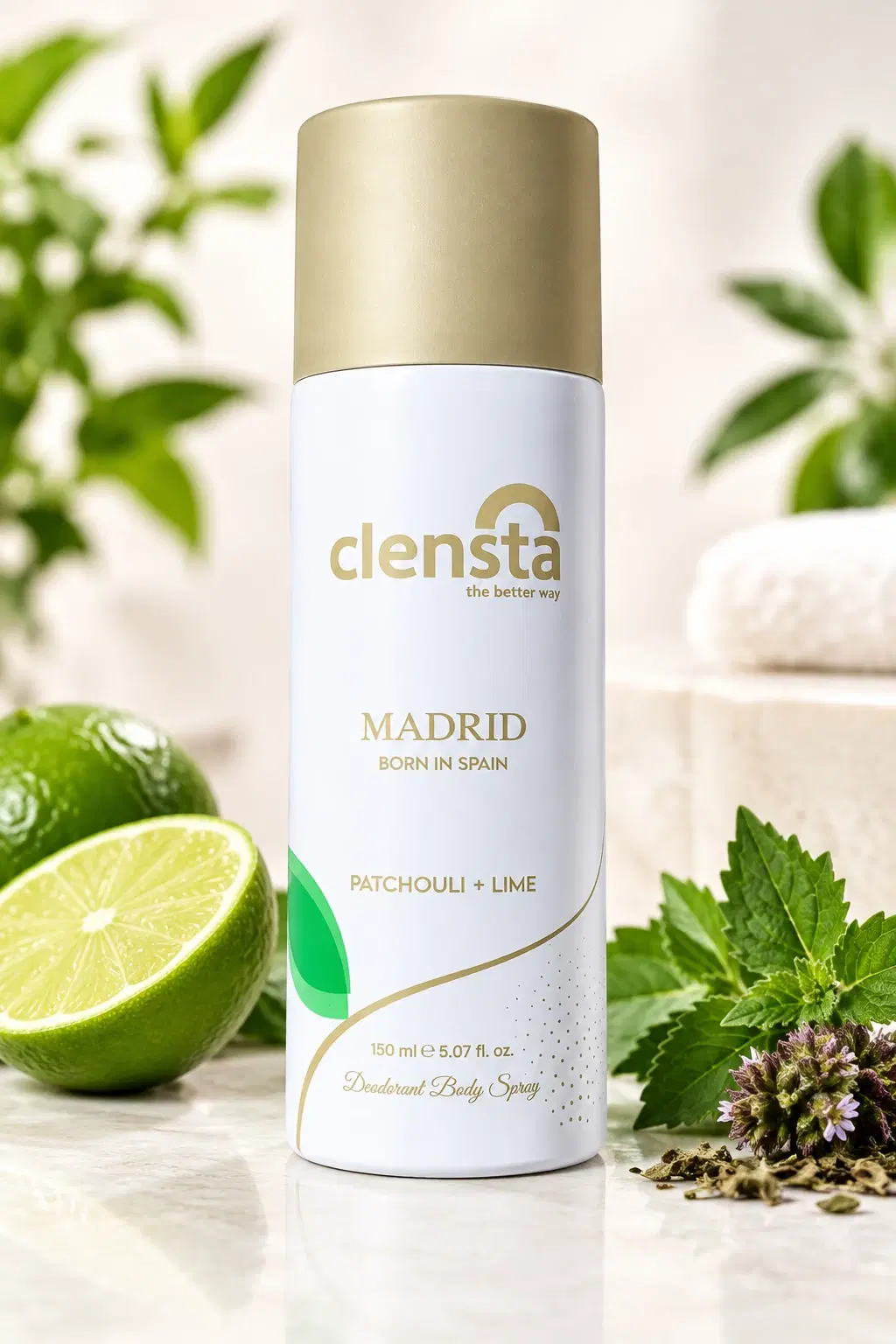 Clensta Madrid deodorant body spray can with gold cap, shown beside cut lime and green leaves