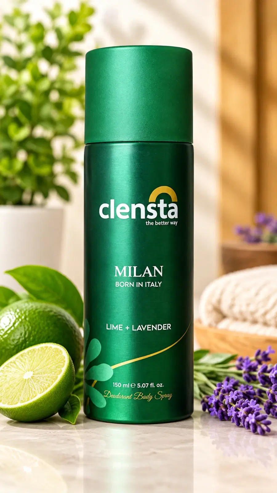 Green Clensta Milan deodorant spray can with lime and lavender props on a countertop