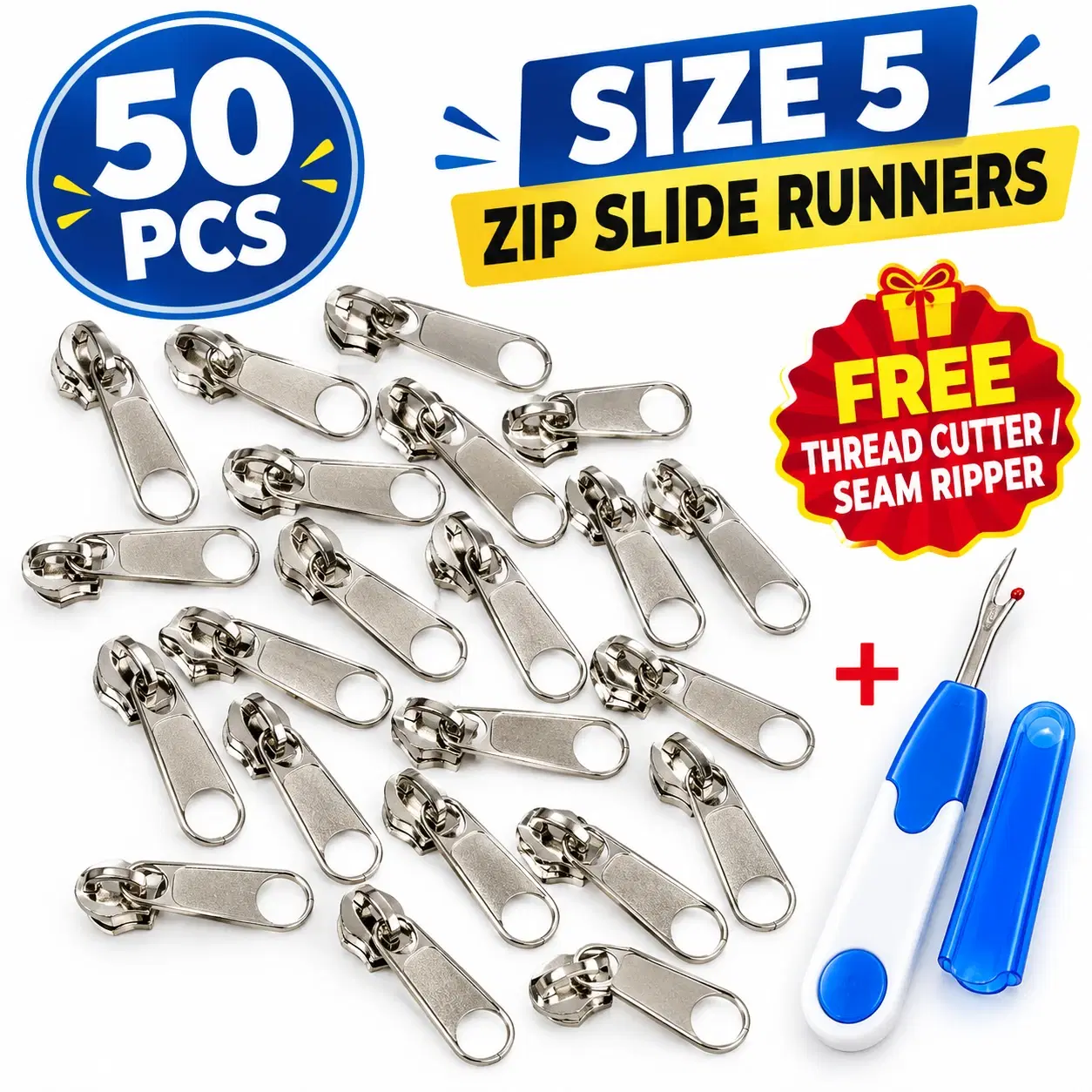 Pack of 50 silver size 5 zip slide runners with a blue-handled seam ripper and cap on white background