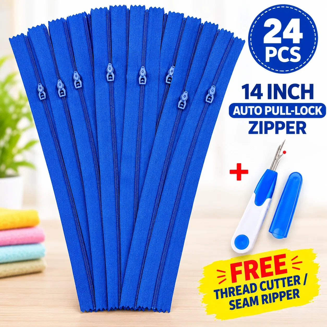 24 blue 14-inch auto pull-lock zippers fanned out with a free seam ripper shown on the right