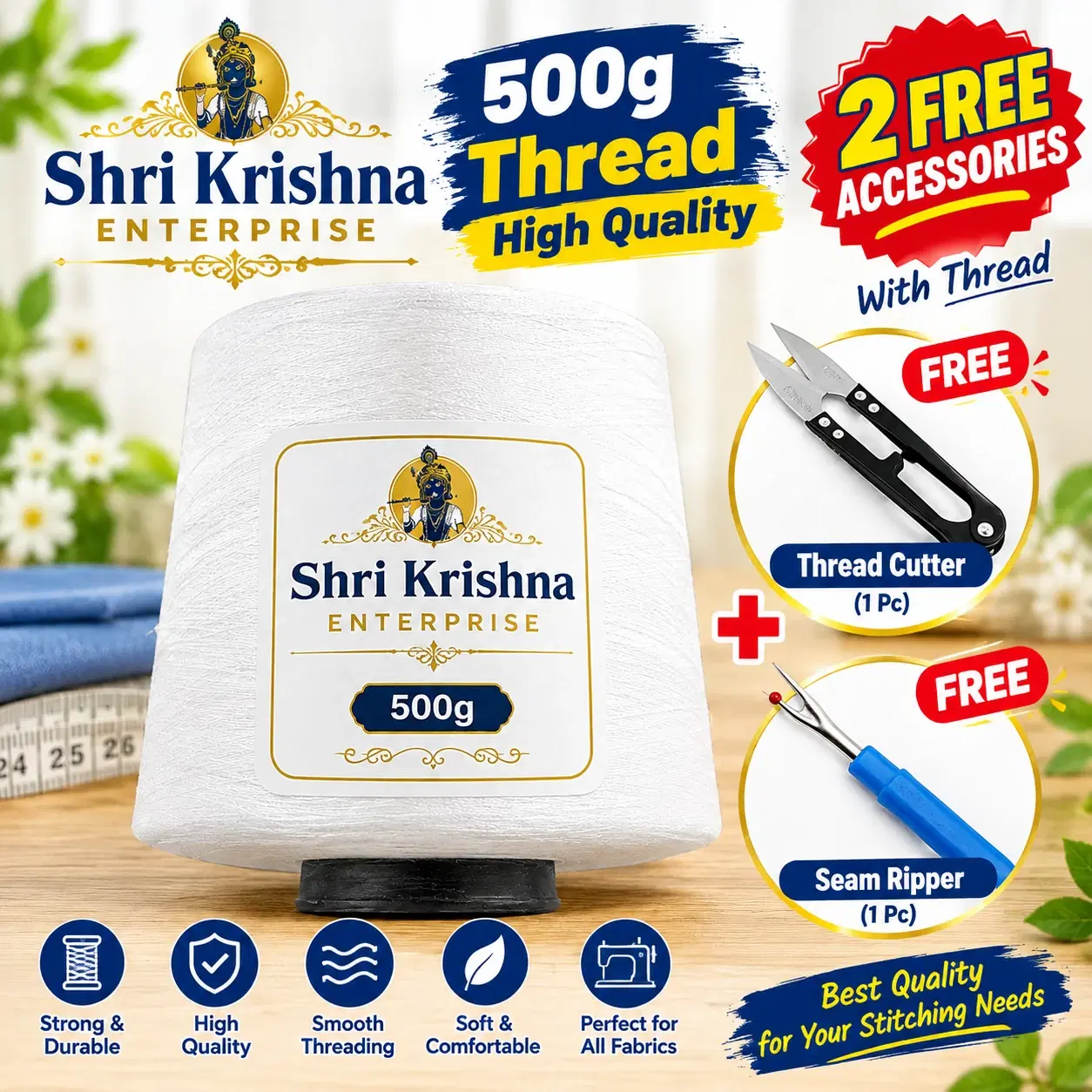 White 500g sewing thread cone by Shri Krishna Enterprise with free thread cutter and seam ripper shown