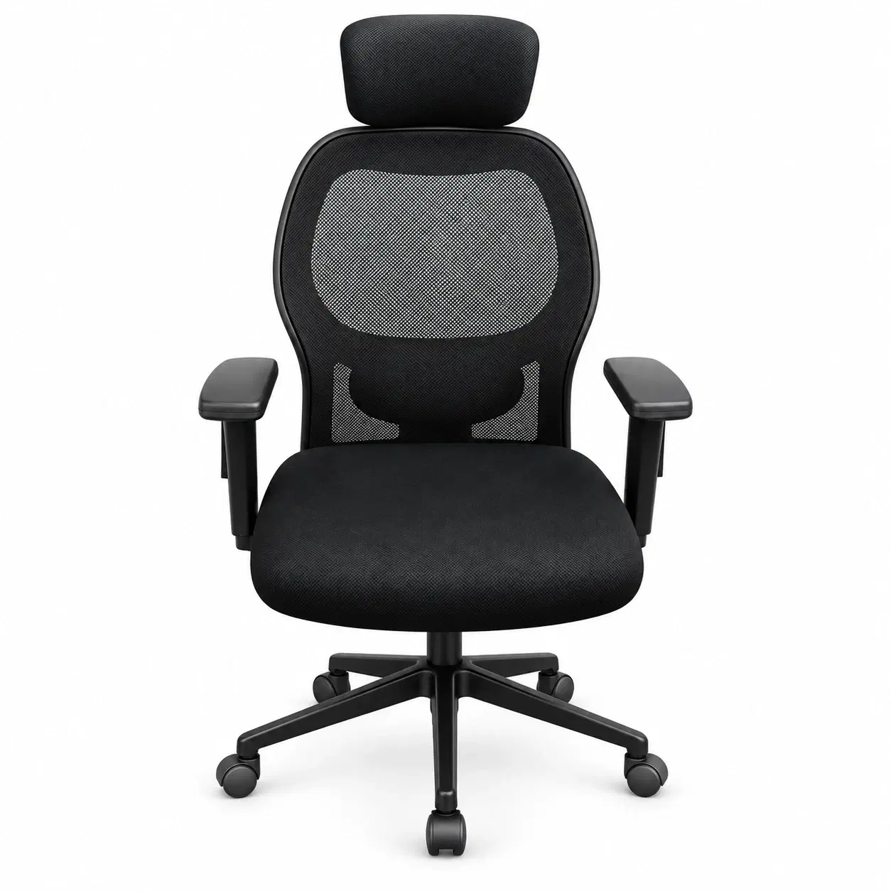 Front view of black mesh office chair with padded seat, headrest, armrests and five-wheel base