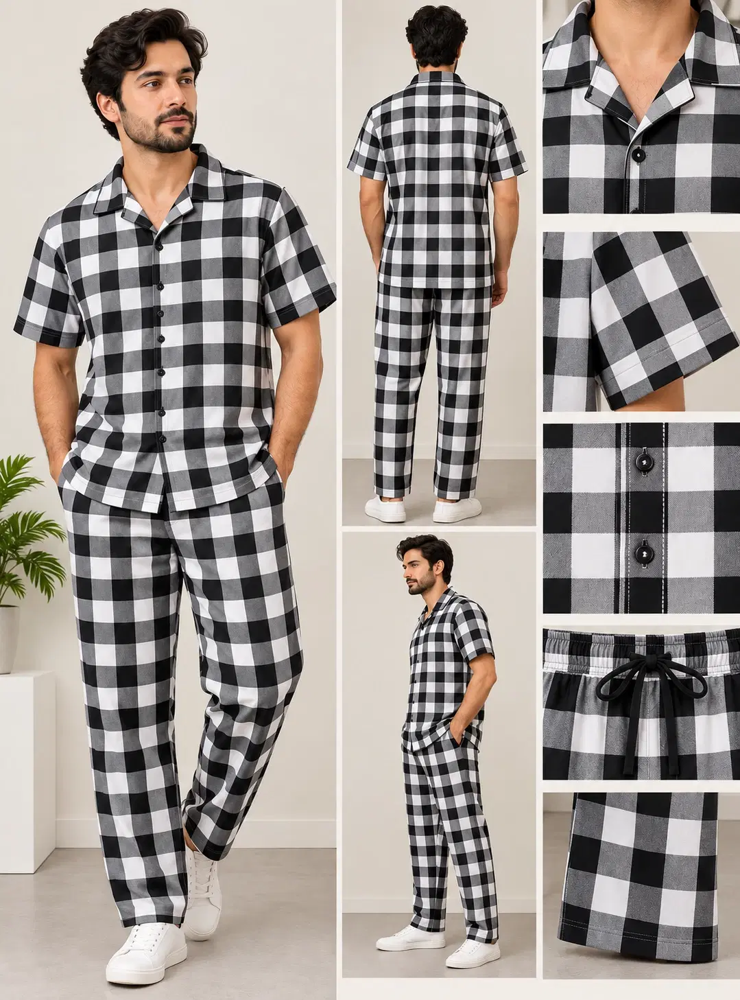 Collage showing front, back, side and detail views of a black-and-white checked shirt and trouser co-ord set
