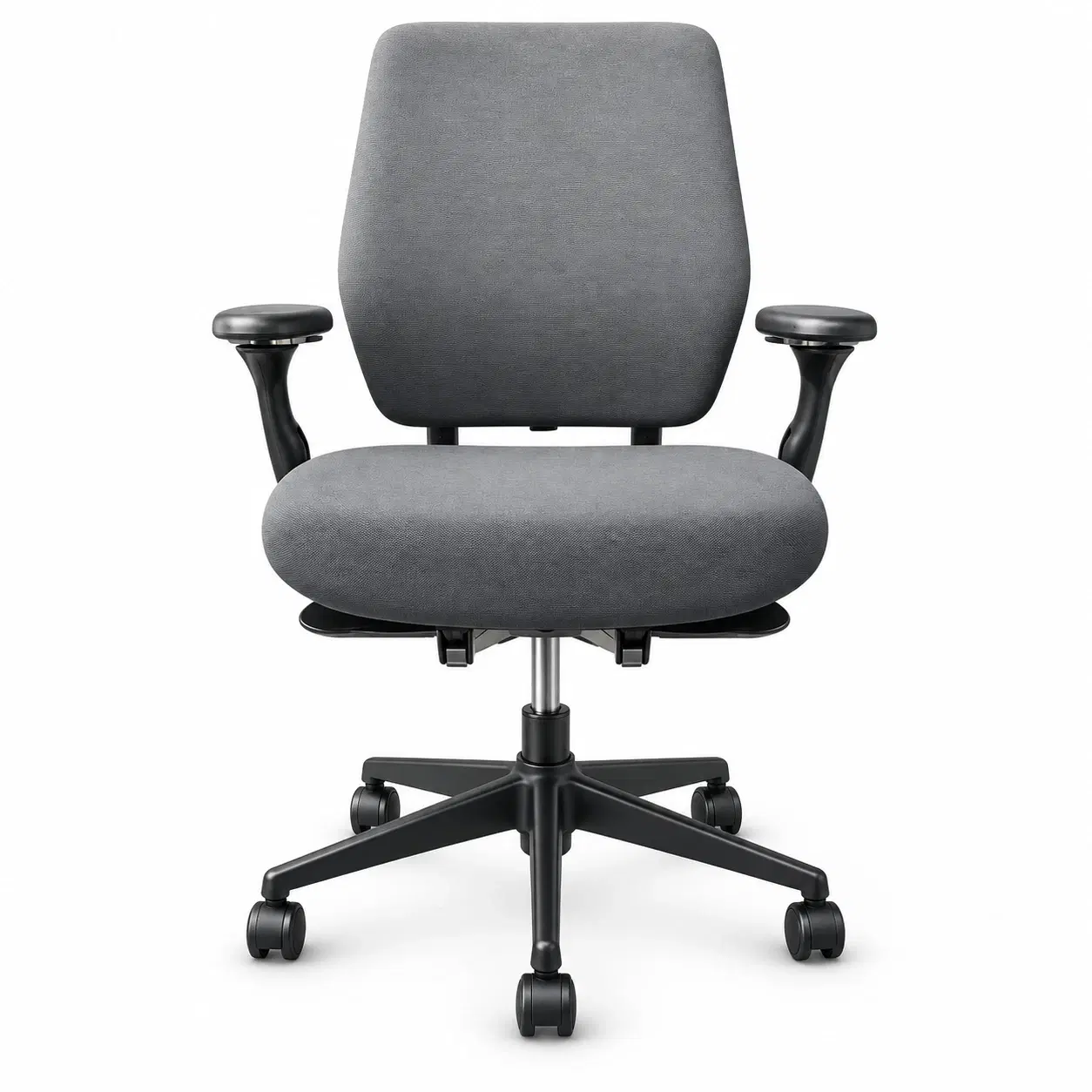 Front view of grey fabric office chair with padded seat, armrests and five-wheel black base