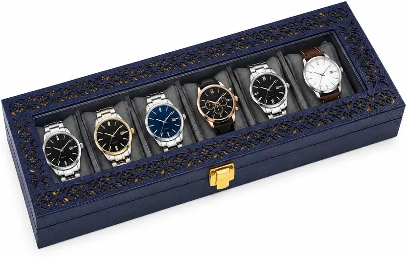 Closed navy blue 6-slot watch box with glass lid, floral cutwork border and gold-tone front clasp