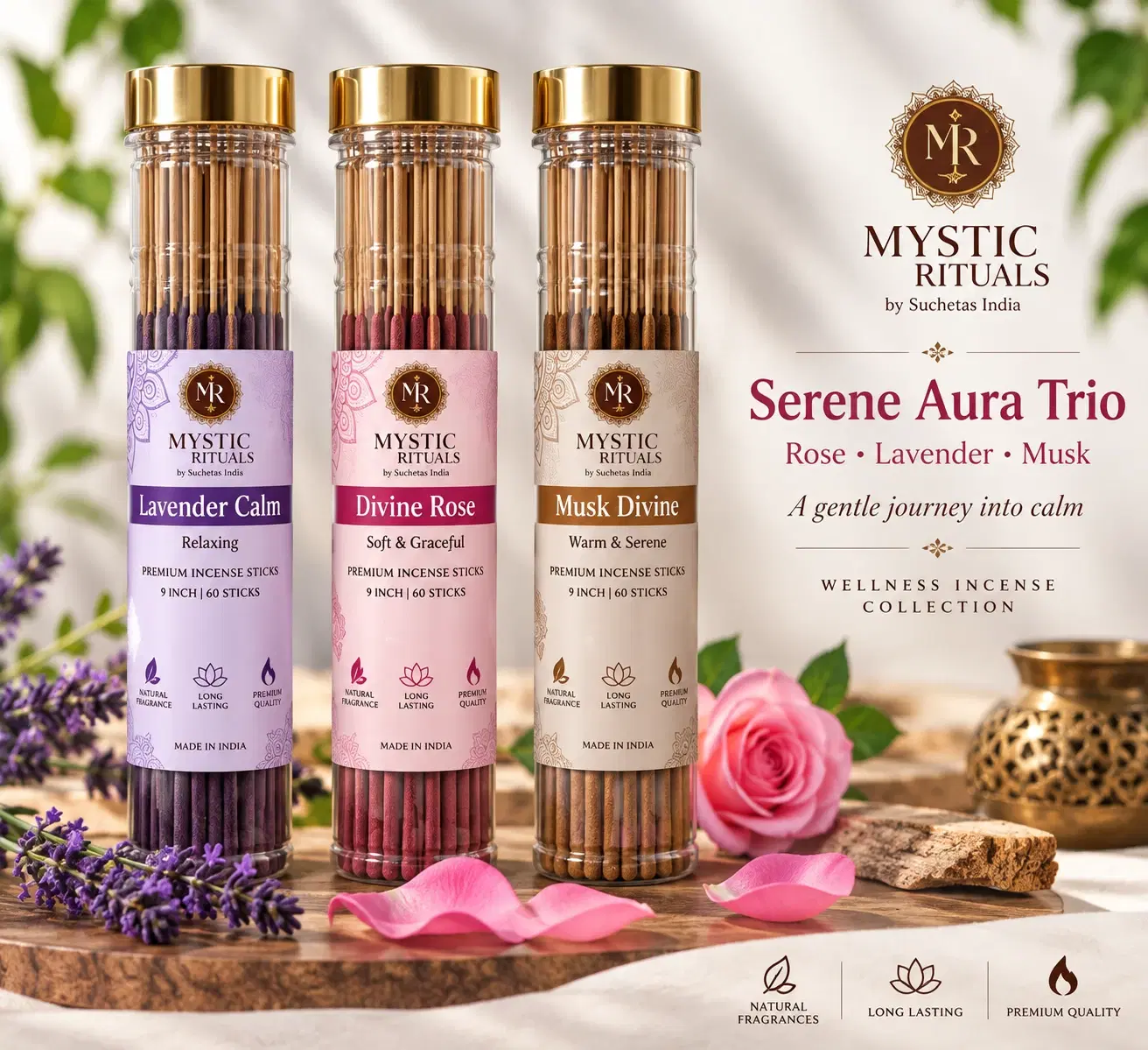 Three Mystic Rituals incense stick tubes with gold lids: Lavender Calm, Divine Rose, and Musk Divine