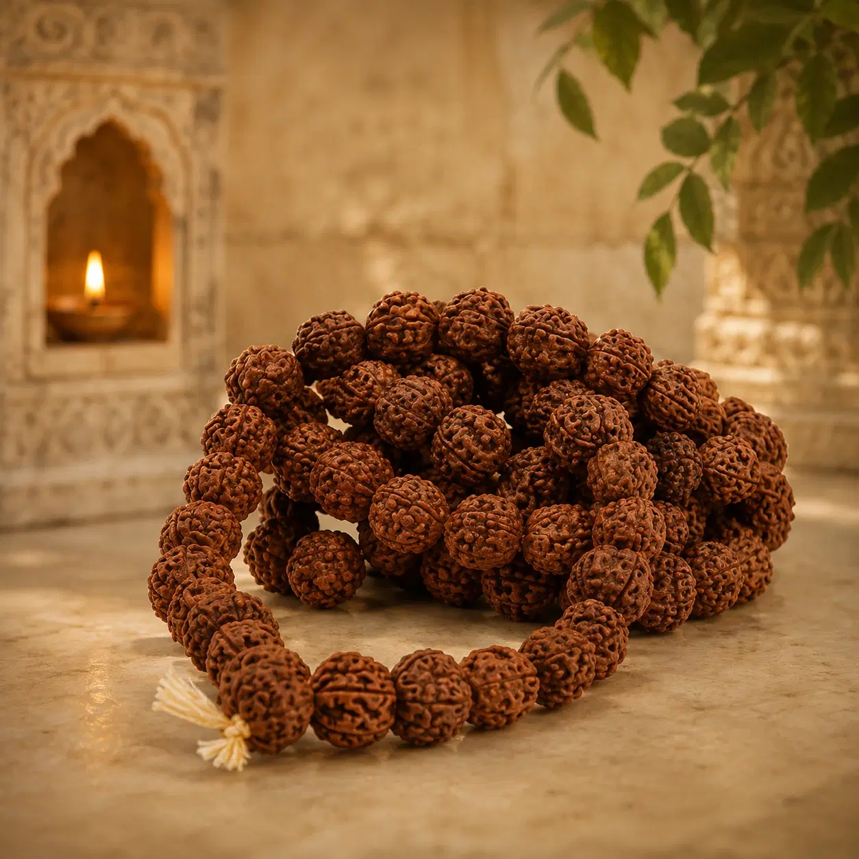 Coiled rudraksha bead mala with tassel placed on a stone surface in a warm temple-style setting