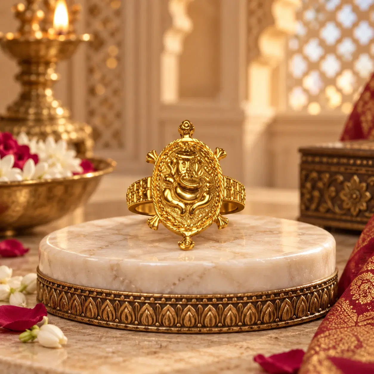 Front view of the gold-tone statement ring showing the embossed Ganesha design centered on the band