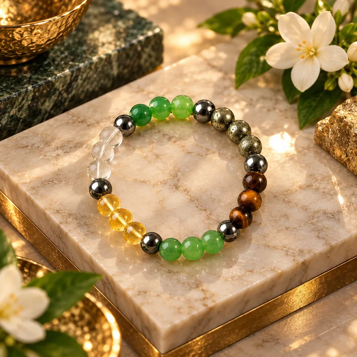 Top view of the circular stretch bracelet on a marble slab, showing the full mixed-bead color arrangement