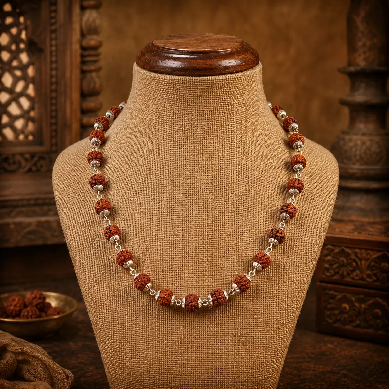 Front view of rudraksha bead necklace on a burlap display bust with silver-tone spacer details