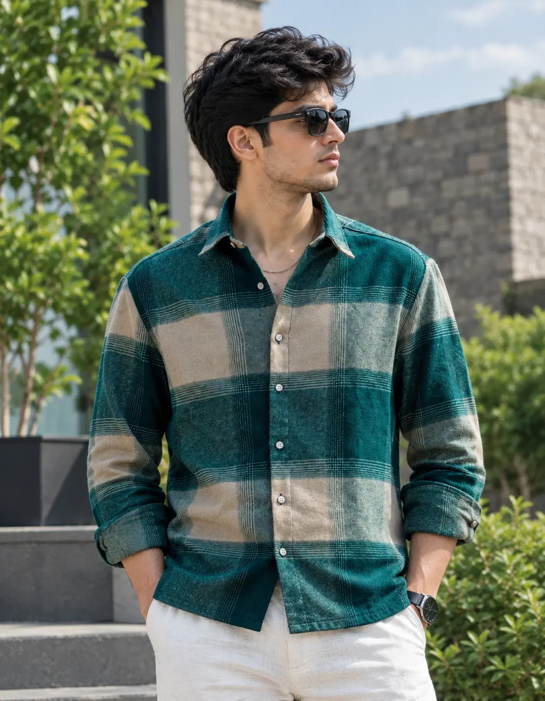 Front view of green and beige large-check shirt worn outdoors with sleeves rolled up